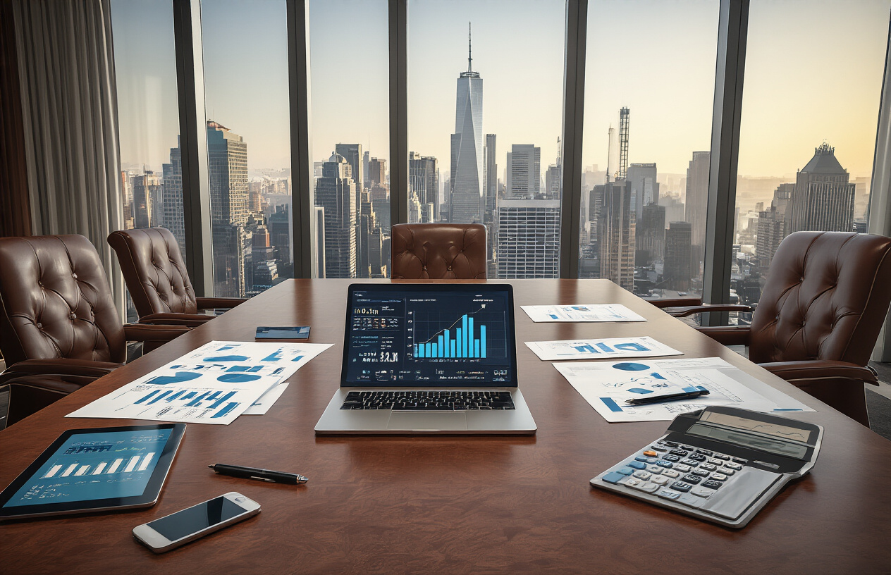 Create a realistic image of a modern corporate boardroom with a polished wooden conference table displaying financial documents, charts, and graphs related to IPO analysis, a sleek laptop showing stock market data, a tablet with investment metrics, and a smartphone, surrounded by leather executive chairs, with large windows in the background showing a city skyline with financial district buildings, professional lighting creating a sophisticated business atmosphere, and a few pens and a calculator placed strategically on the table, conveying a sense of financial decision-making and investment planning completion, absolutely NO text should be in the scene.