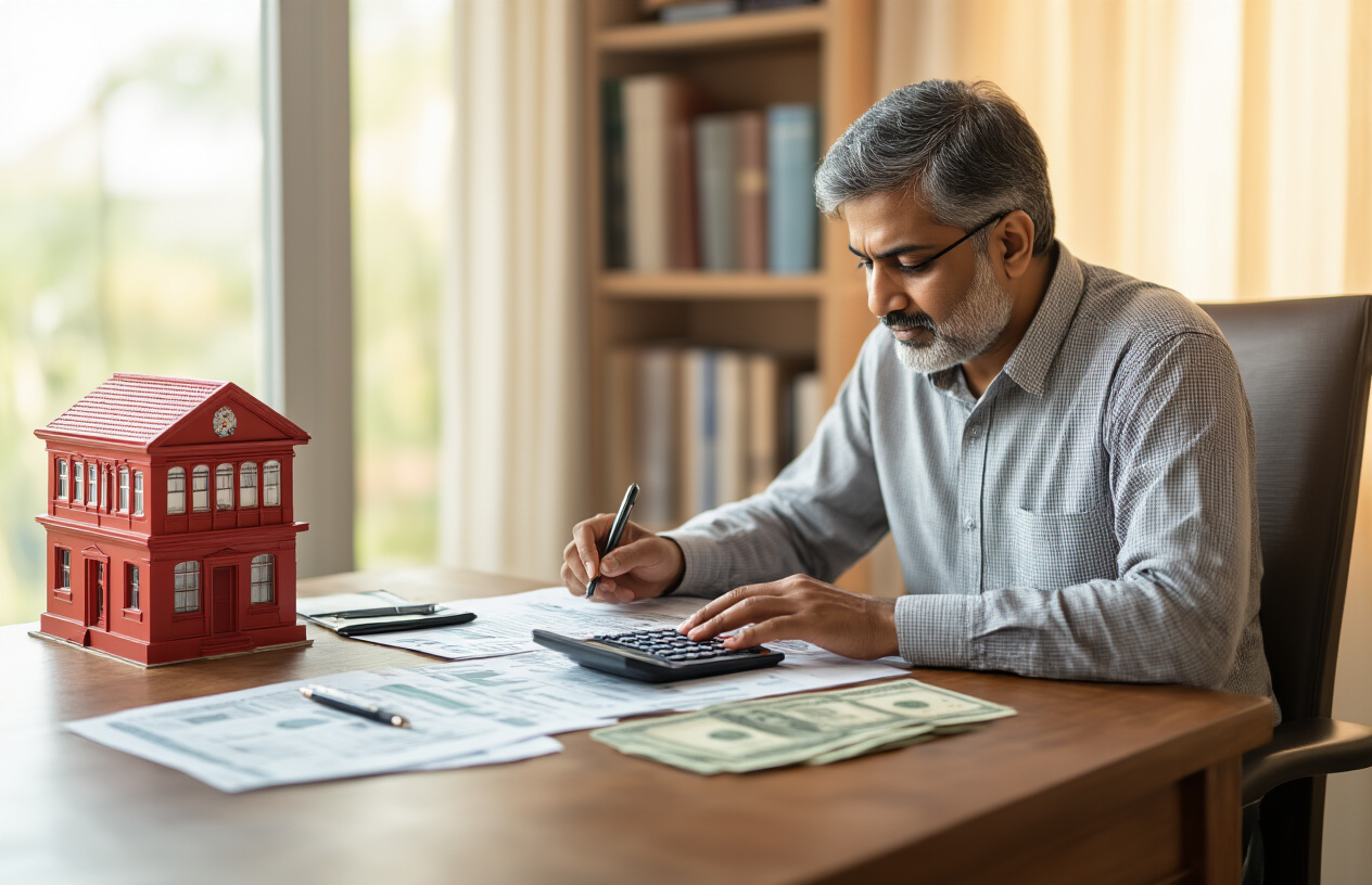 Create a realistic image of a middle-aged South Asian male sitting at a wooden desk reviewing financial documents with a calculator, pen, and Indian rupee notes nearby, while a small model of a red post office building sits prominently on the desk corner, warm natural lighting streaming through a window creating a professional and trustworthy atmosphere, with a bookshelf containing financial planning books in the soft-focused background, conveying financial security and government-backed investment planning, absolutely NO text should be in the scene.