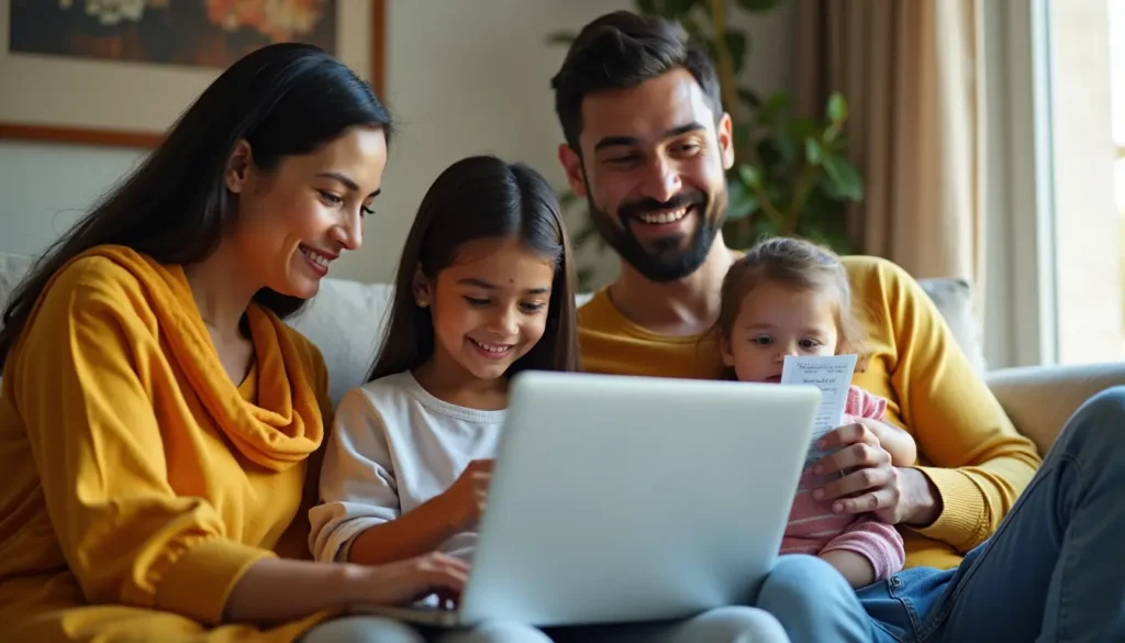 Smiling Indian family at home reviewing health insurance plans on a laptop