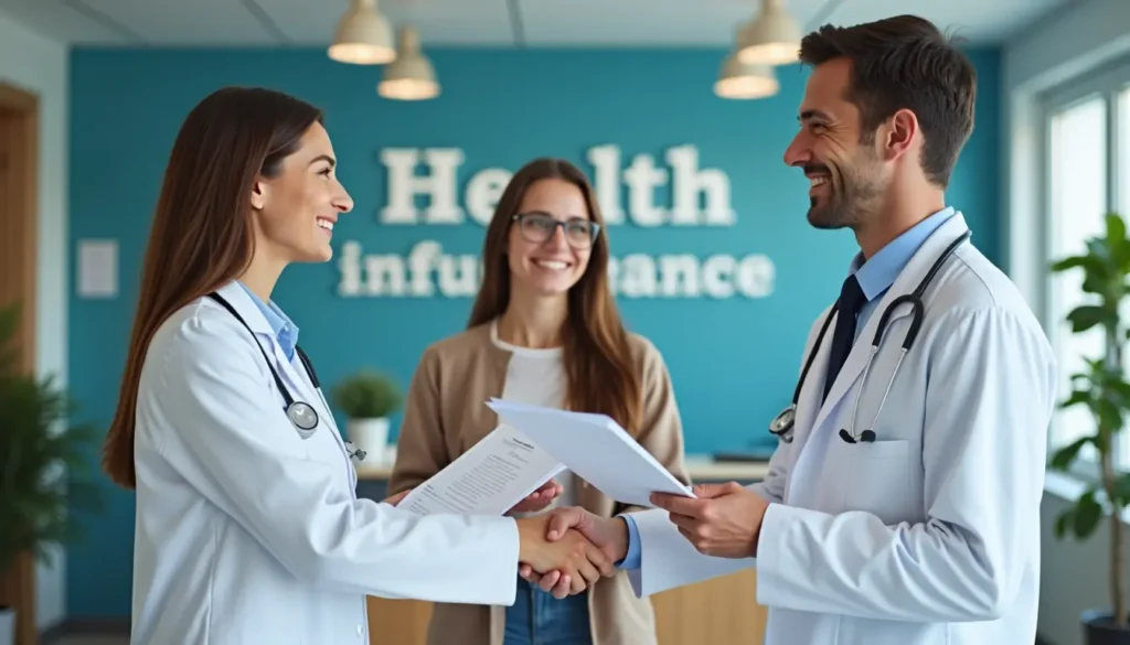 Doctor shaking hands with a young couple holding insurance papers