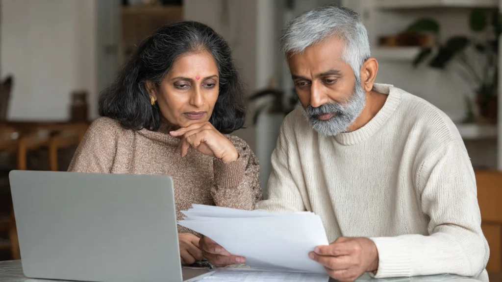 Indian parents calculating health insurance coverage amount for a family of four in India